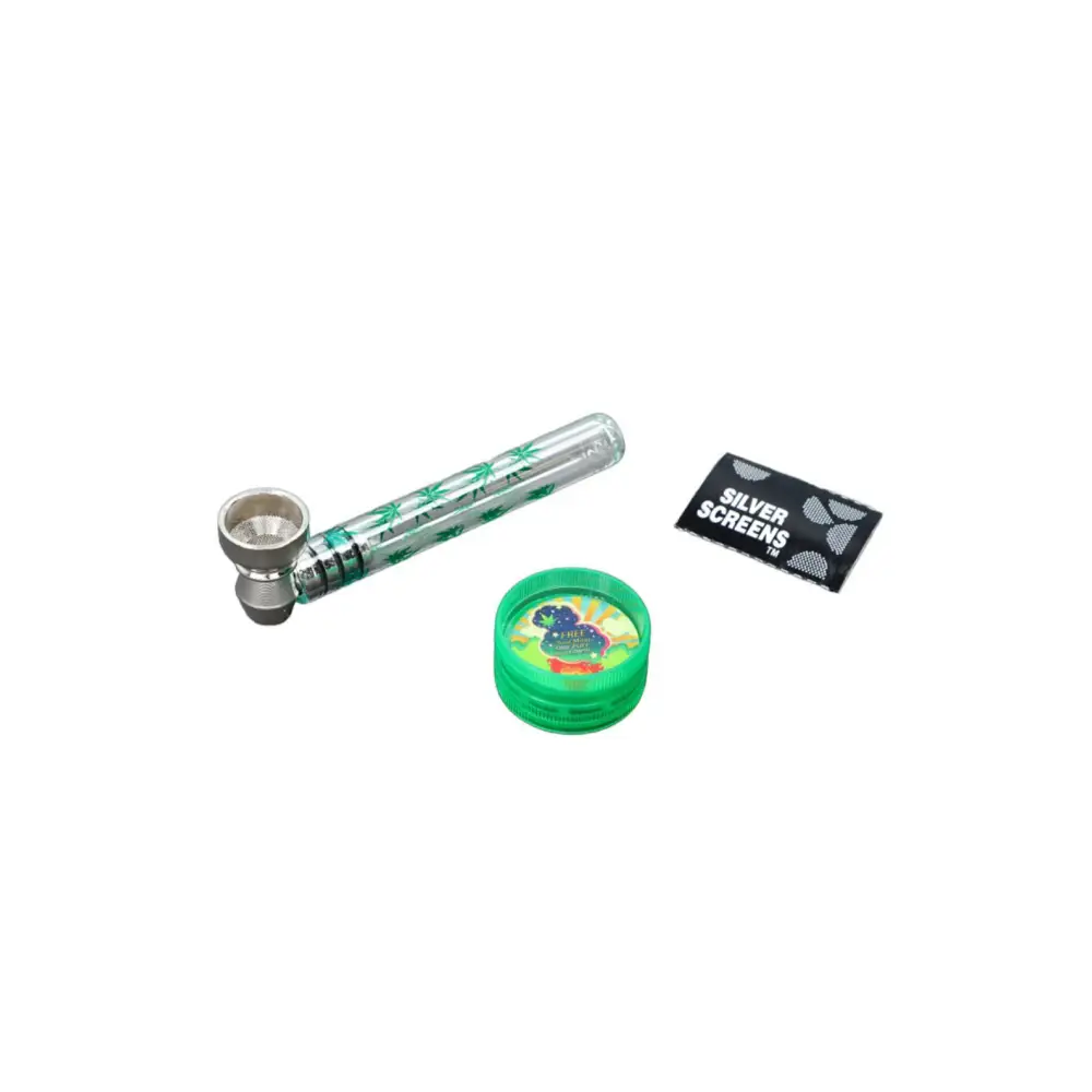 Klare Glas-Handpfeife mit Grünem Cannabisblattmuster und Metallschale - Headshop